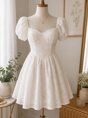 Stella Dallas White Floral Puff Sleeve Mini Dress Size Small